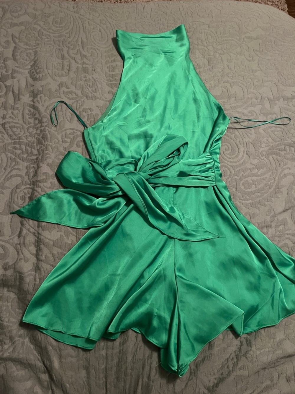 DO+BE Emerald Green Satin Mini Dress with Waist Tie